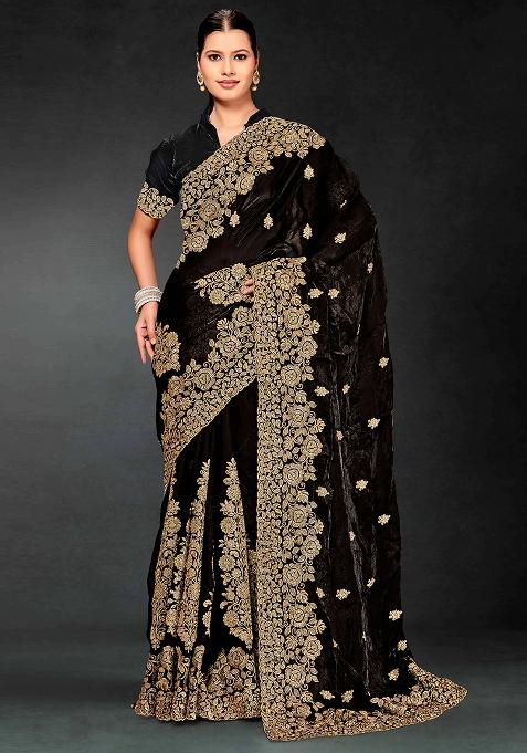 Black Embrodery Work Silk Saree Set