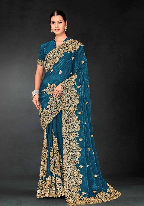 Morpech Embrodery Work Silk Saree Set