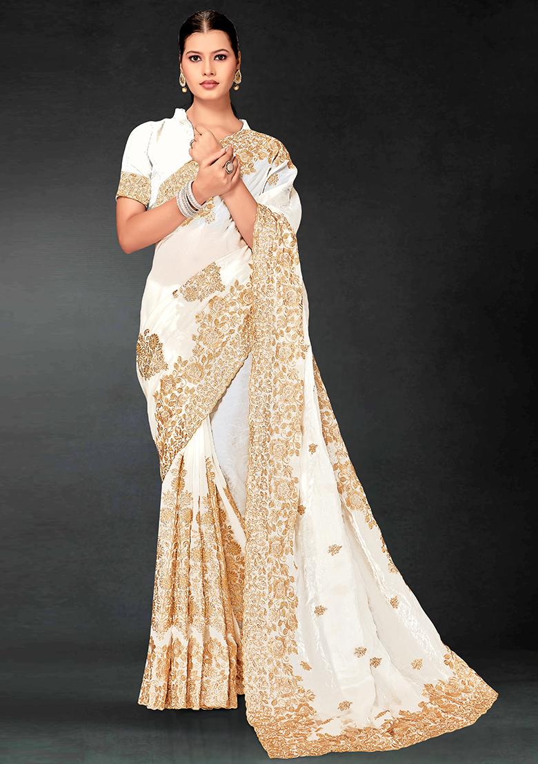 White Embrodery Work Silk Saree Set