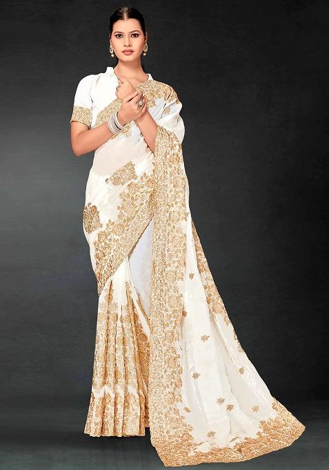 White Embrodery Work Silk Saree Set