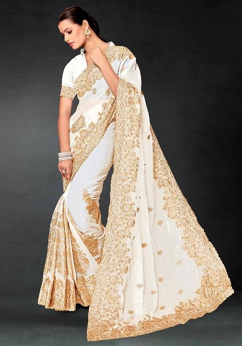 White Embrodery Work Silk Saree Set