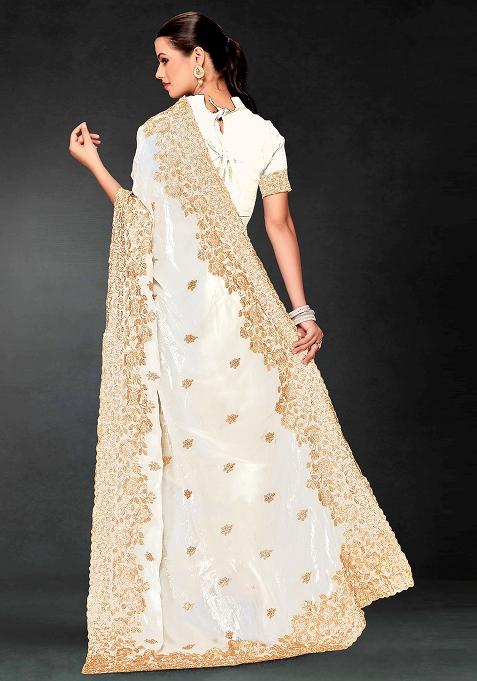 White Embrodery Work Silk Saree Set