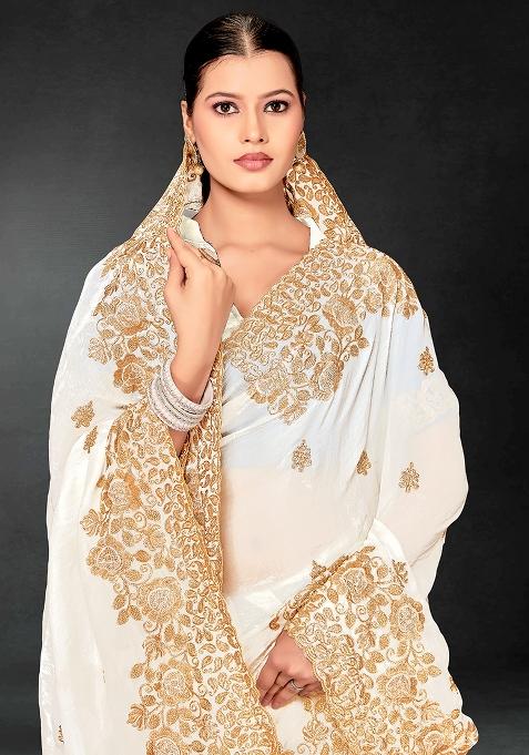 White Embrodery Work Silk Saree Set
