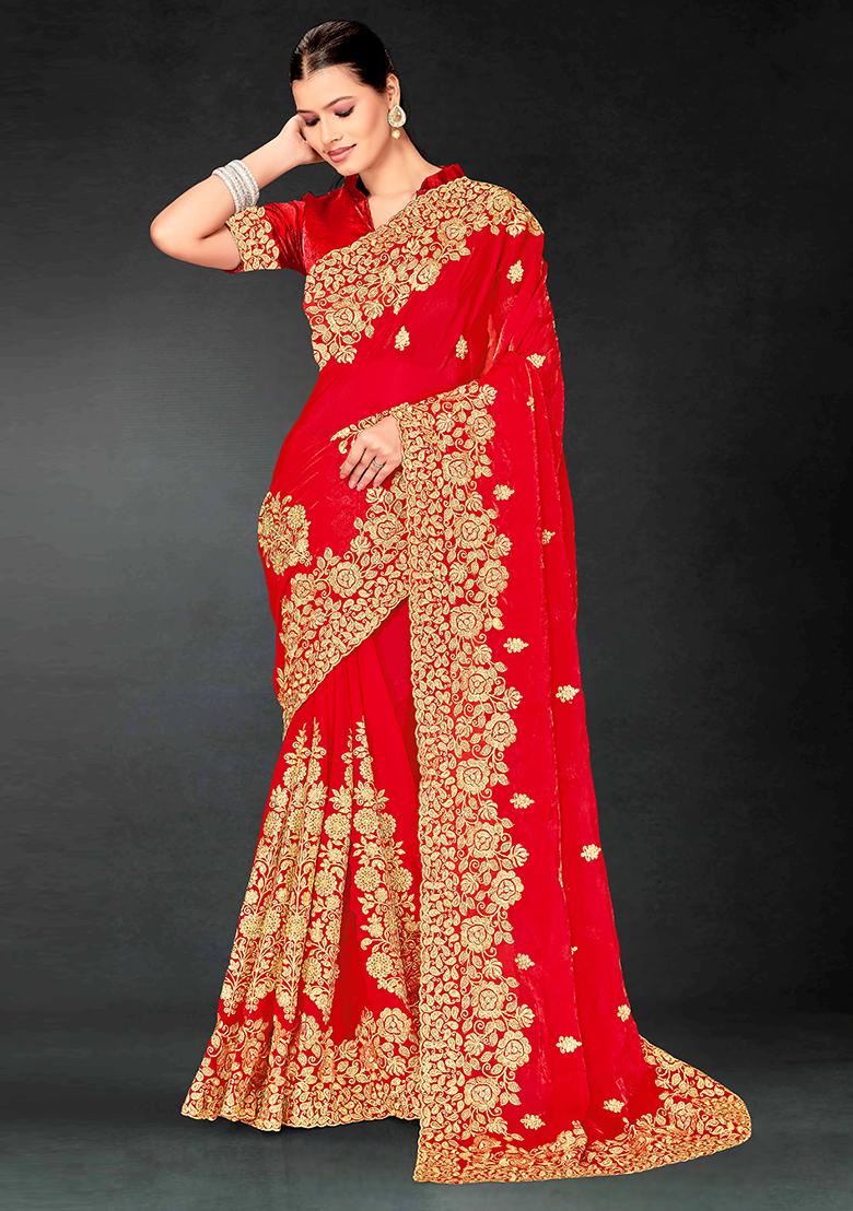 Red Embrodery Work Silk Saree Set