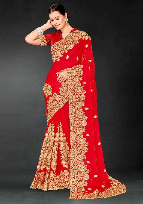 Red Embrodery Work Silk Saree Set