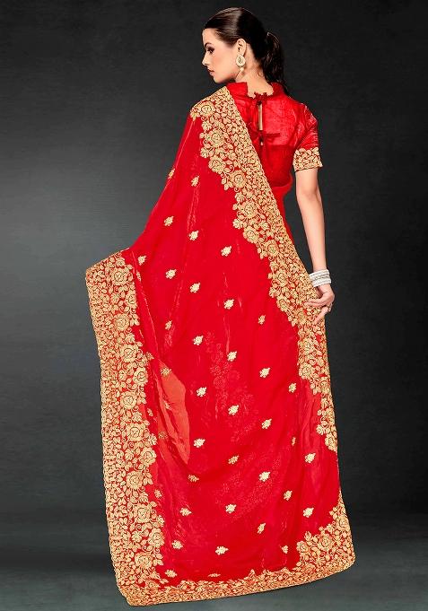 Red Embrodery Work Silk Saree Set
