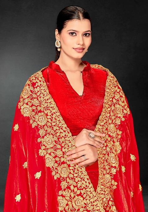 Red Embrodery Work Silk Saree Set