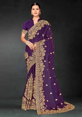 Purple Embrodery Work Silk Saree Set