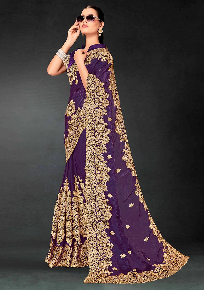 Purple Embrodery Work Silk Saree Set - Indya