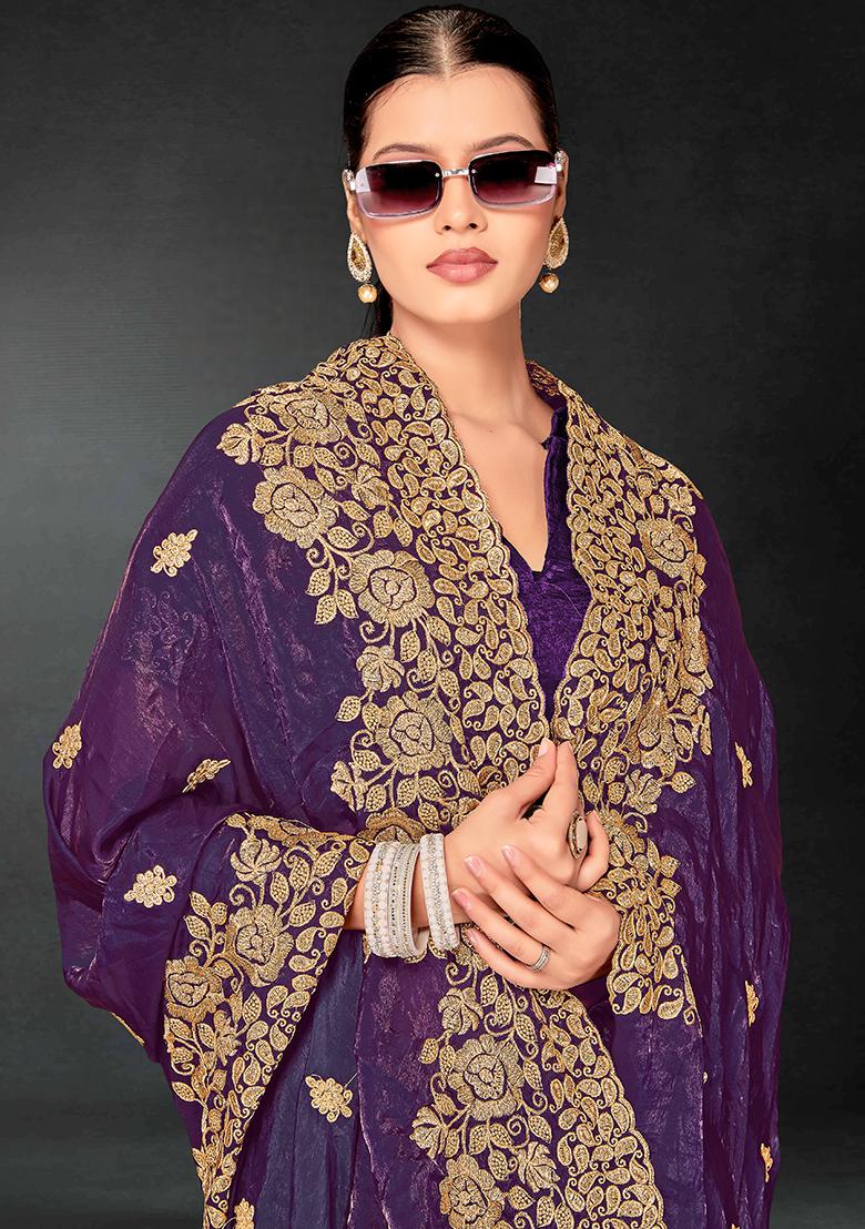 Purple Embrodery Work Silk Saree Set - Indya