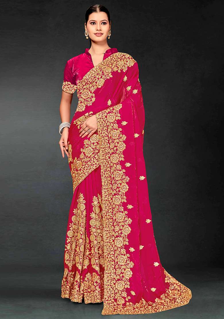 Rani Embrodery Work Silk Blend Saree Set for Diwali | Wedding & Festive Wear - Indya