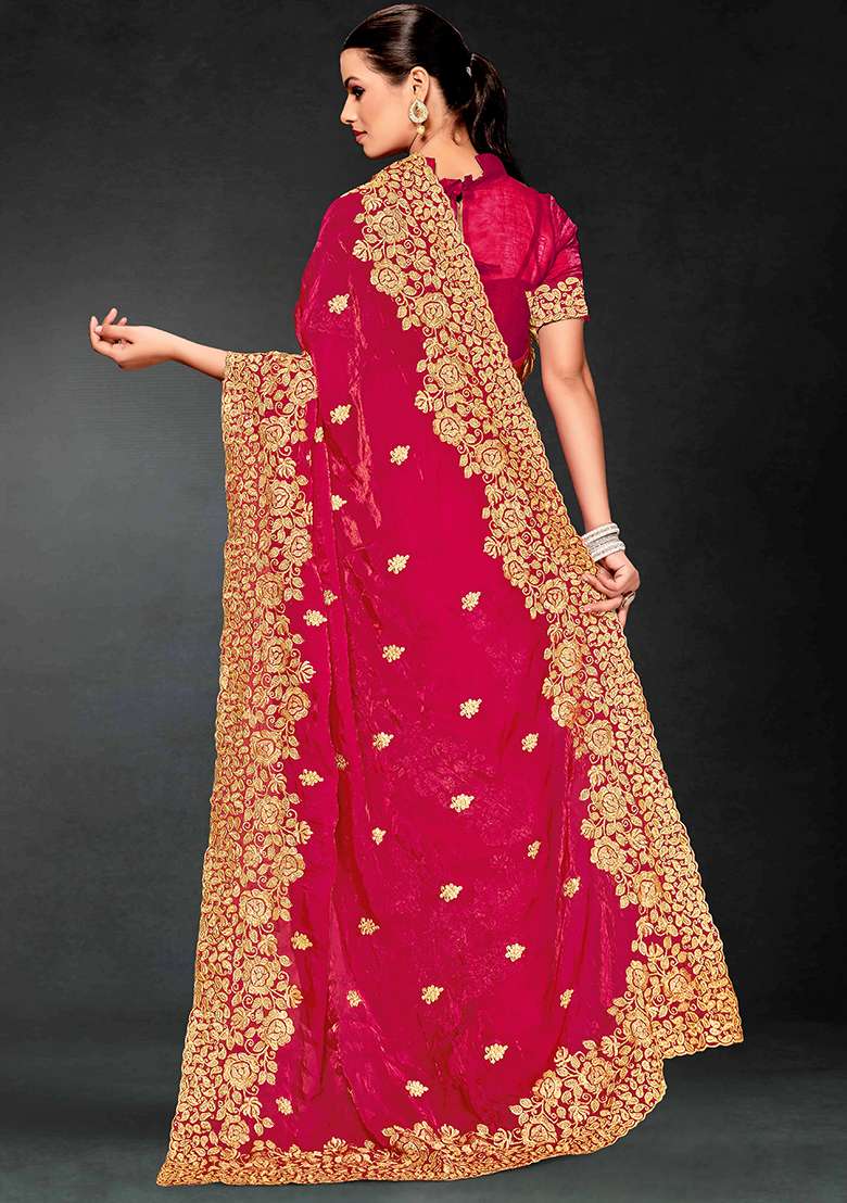 Rani Embrodery Work Silk Blend Saree Set for Diwali | Wedding & Festive Wear - Indya