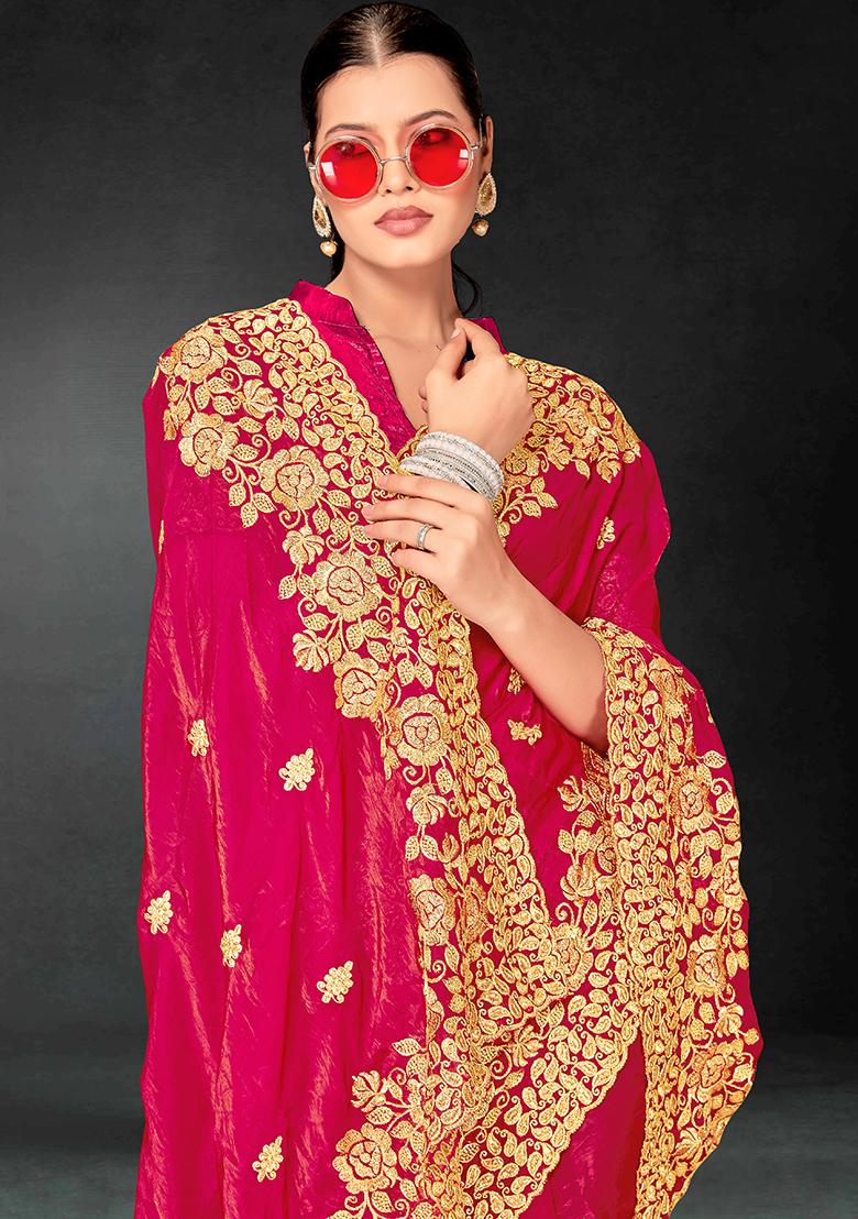 Rani Embrodery Work Silk Saree Set - Indya