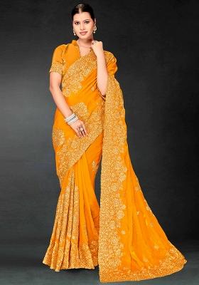 Mustard Embrodery Work Silk Saree Set