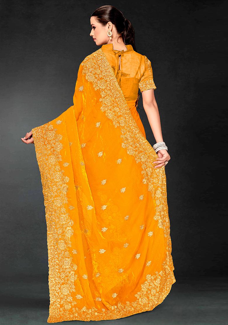 Mustard Embrodery Work Silk Saree Set - Indya