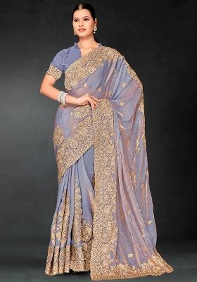 Grey Embrodery Work Silk Saree Set