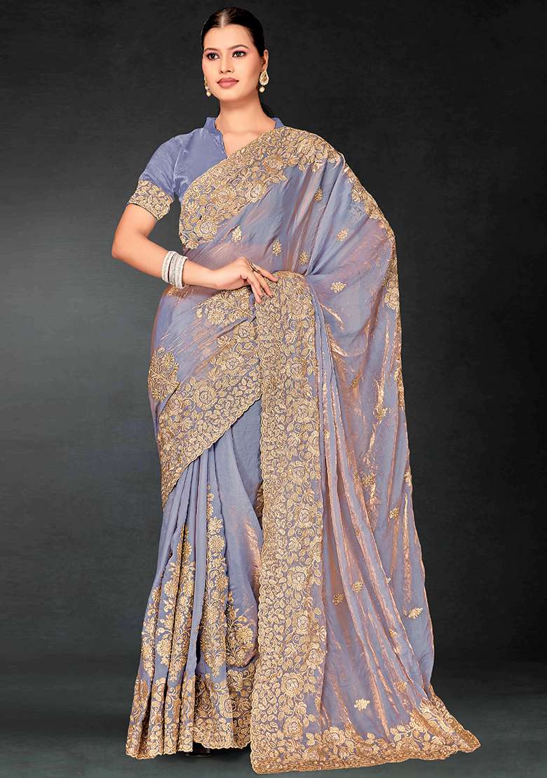 Grey Embrodery Work Silk Blend Saree Set for Diwali | Wedding & Festive Wear - Indya