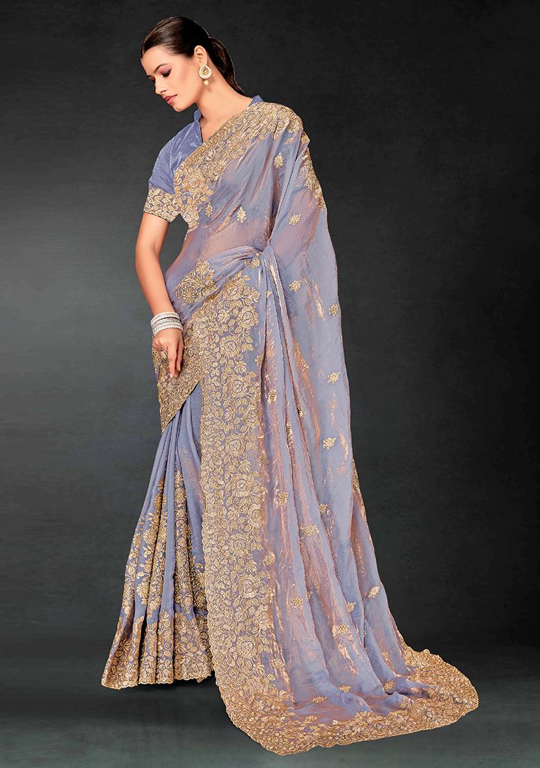 Grey Embrodery Work Silk Saree Set - Indya