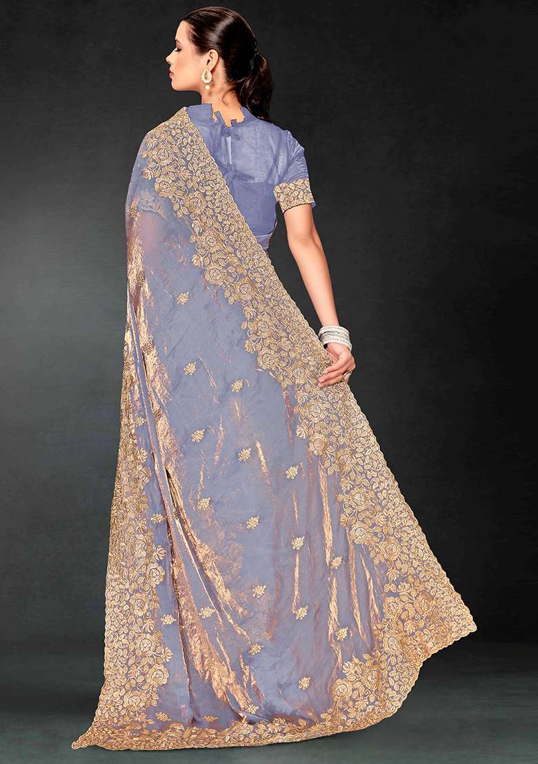 Grey Embrodery Work Silk Blend Saree Set for Diwali | Wedding & Festive Wear - Indya