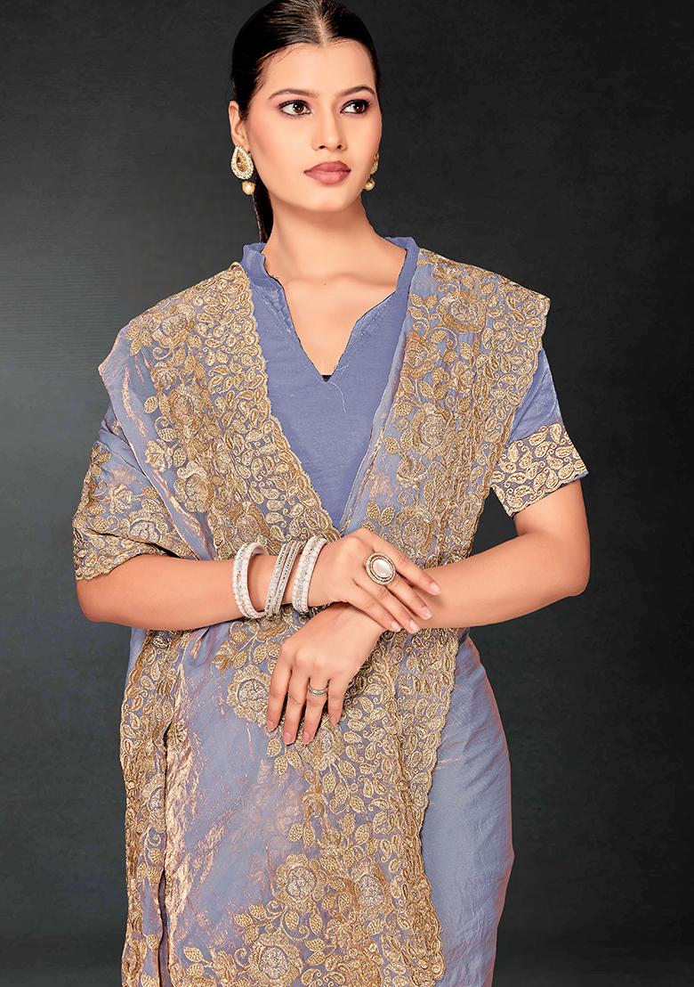 Grey Embrodery Work Silk Saree Set - Indya