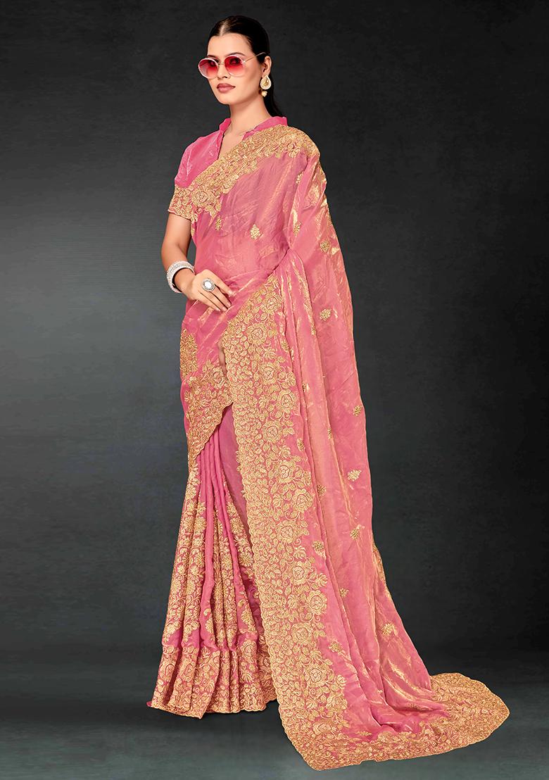 Dusty Pink Embrodery Work Silk Saree Set - Indya