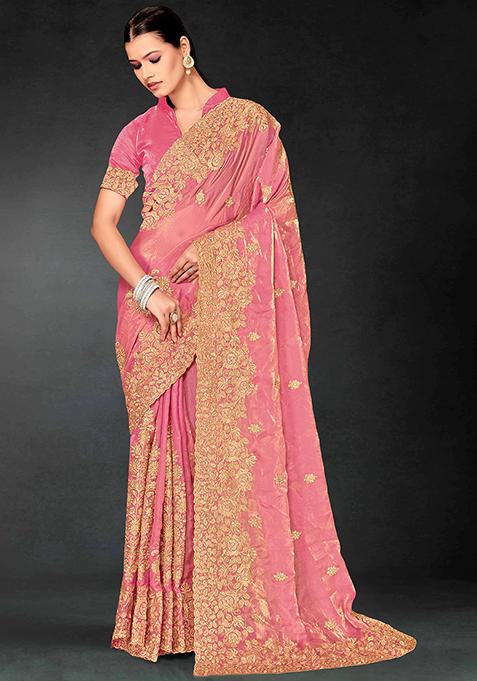 Dusty Pink Embrodery Work Silk Saree Set