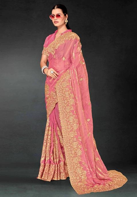 Dusty Pink Embrodery Work Silk Saree Set