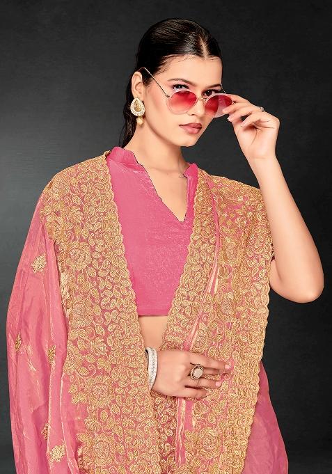 Dusty Pink Embrodery Work Silk Saree Set