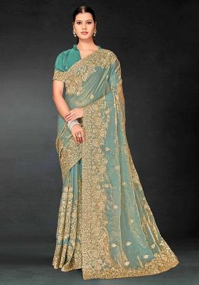 Dusty Rama Embrodery Work Silk Saree Set