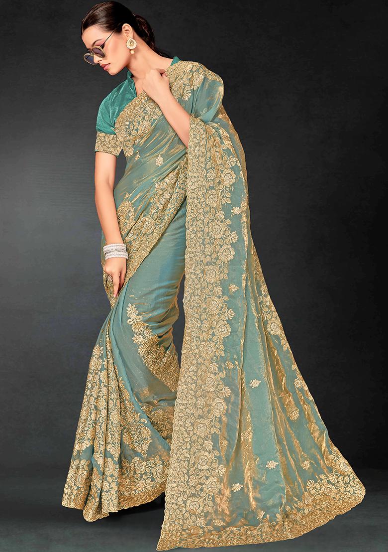 Dusty Rama Embrodery Work Silk Saree Set - Indya