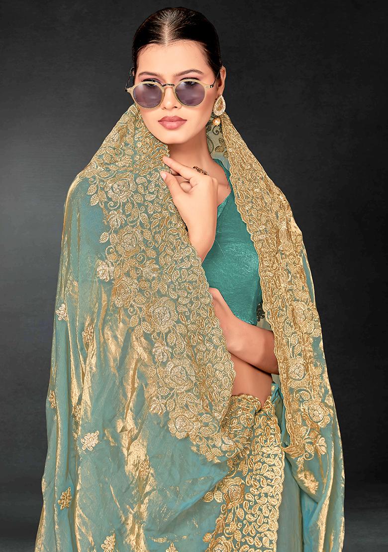 Dusty Rama Embrodery Work Silk Saree Set - Indya