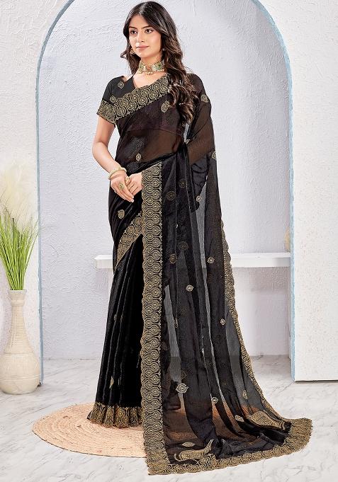 Black Embrodery Work Silk Saree Set