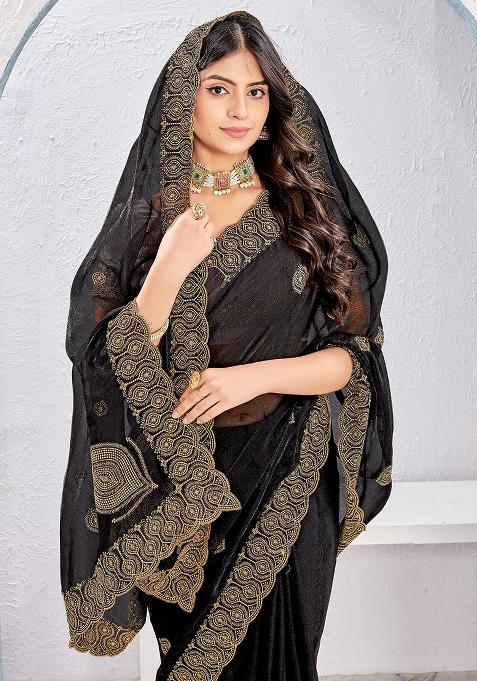 Black Embrodery Work Silk Saree Set