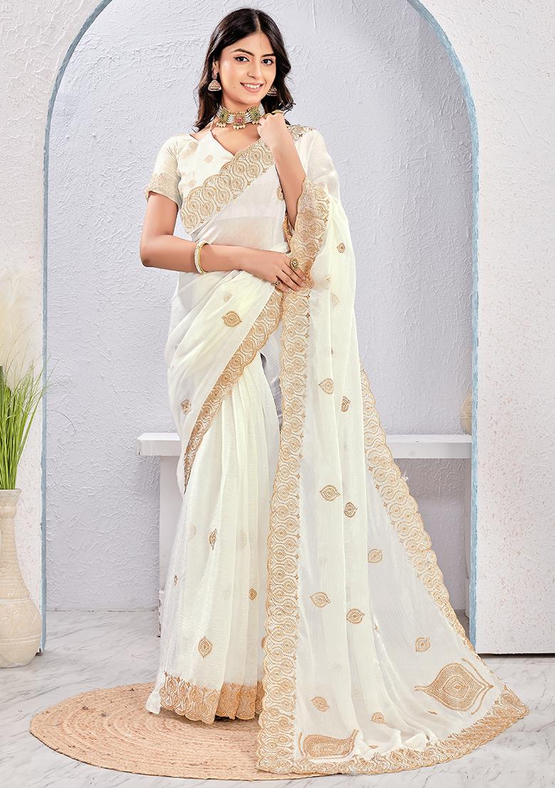 White Embrodery Work Silk Saree Set - Indya
