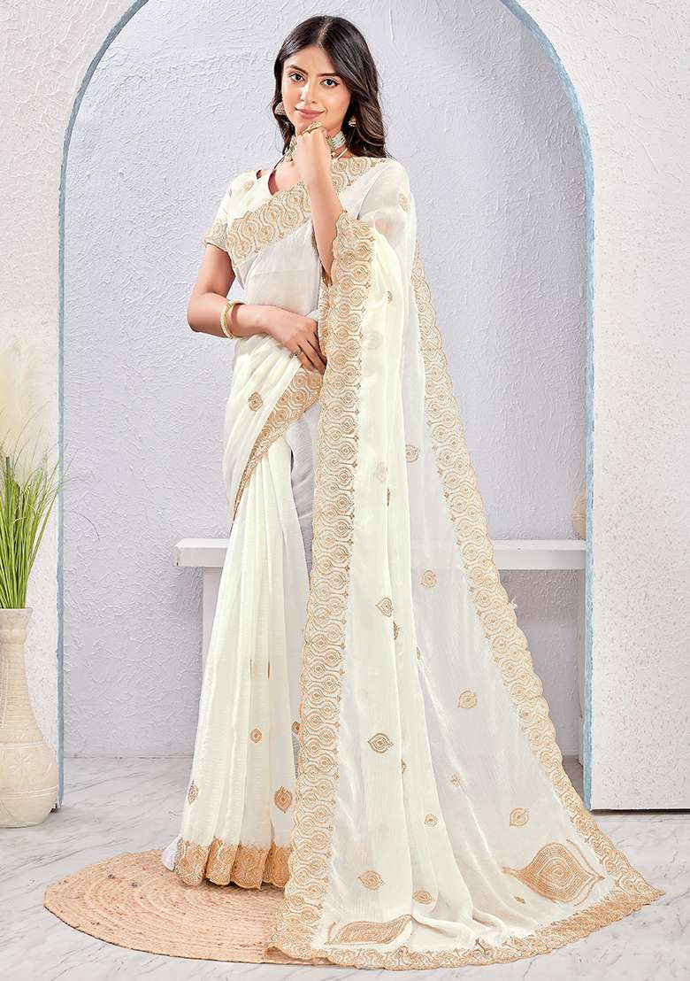 White Embrodery Work Silk Saree Set for Diwali and Festive Wear - Indya