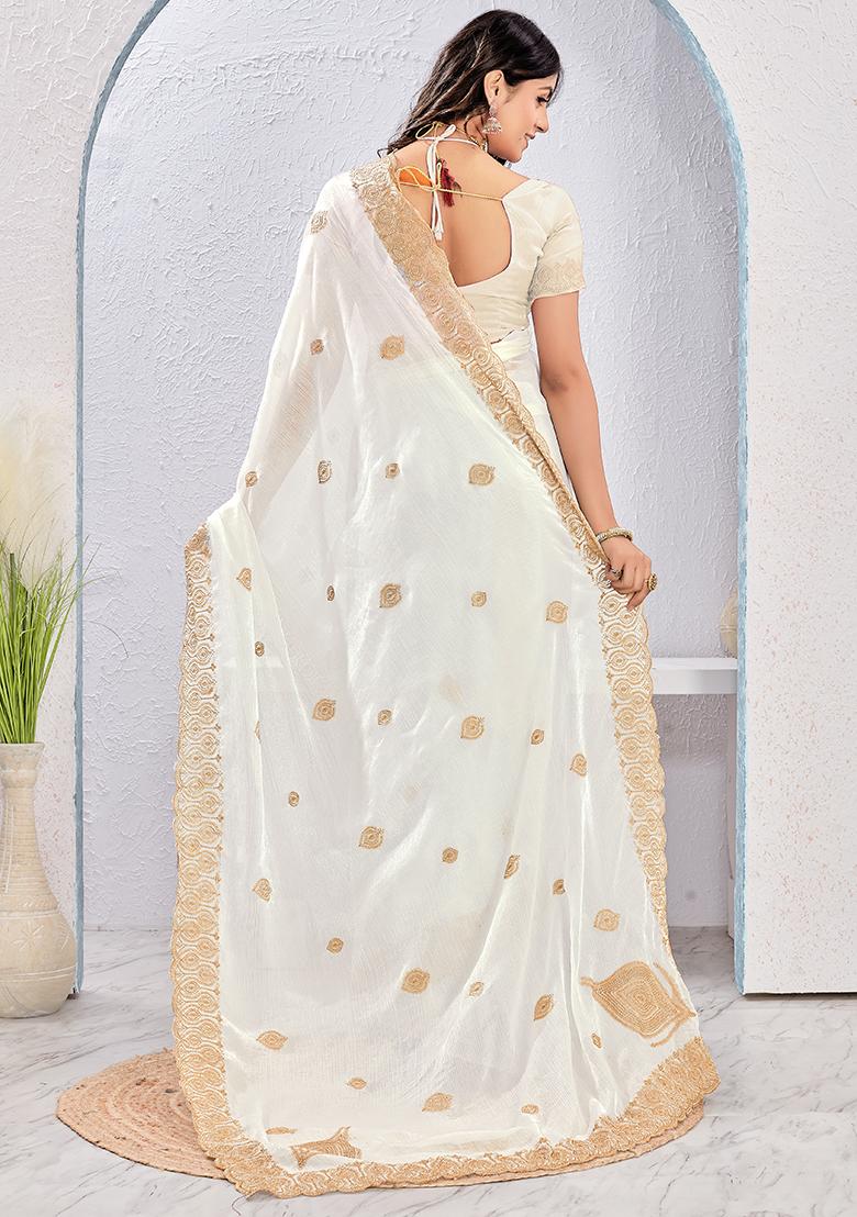 White Embrodery Work Silk Saree Set - Indya