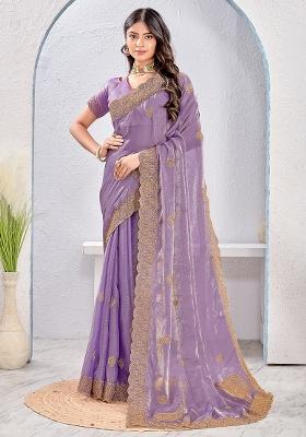 Lavender Embrodery Work Silk Saree Set