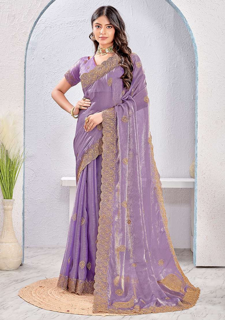 Lavender Embrodery Work Silk Blend Saree Set for Diwali | Wedding & Festive Wear - Indya