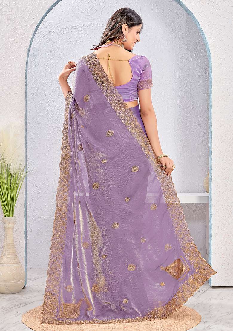 Lavender Embrodery Work Silk Blend Saree Set for Diwali | Wedding & Festive Wear - Indya