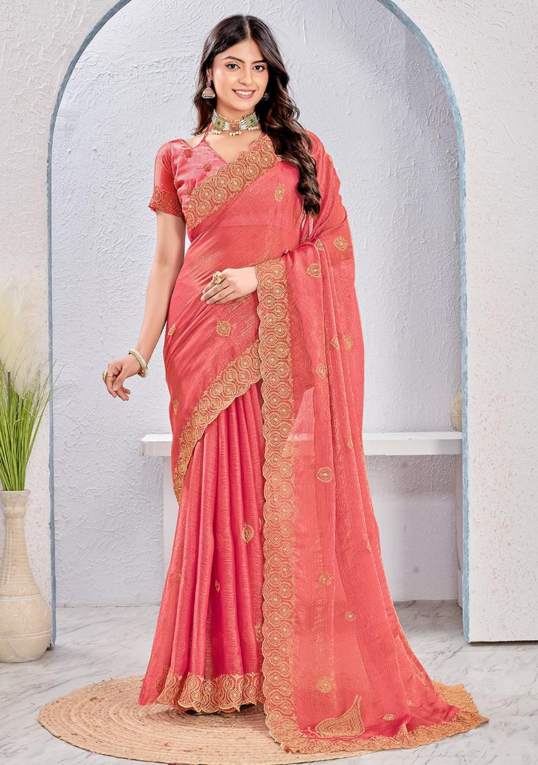 Dusty Gajari Embrodery Work Silk Saree Set - Indya