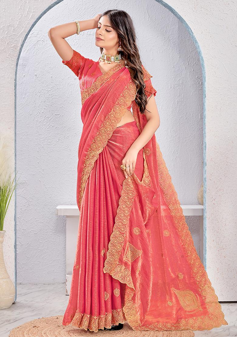 Dusty Gajari Embrodery Work Silk Saree Set