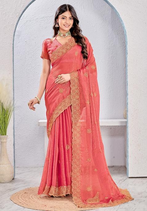 Dusty Gajari Embrodery Work Silk Saree Set