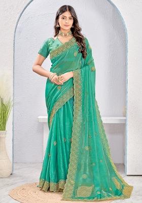Dusty Rama Embrodery Work Silk Saree Set
