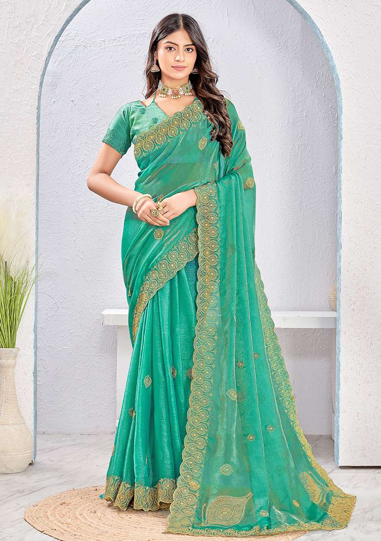 Dusty Rama Embrodery Work Silk Saree Set - Indya