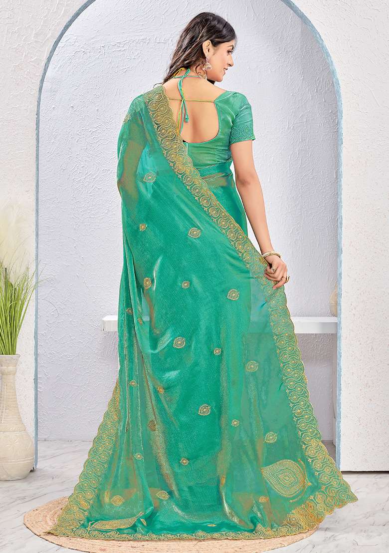 Dusty Rama Embrodery Work Silk Saree Set - Indya