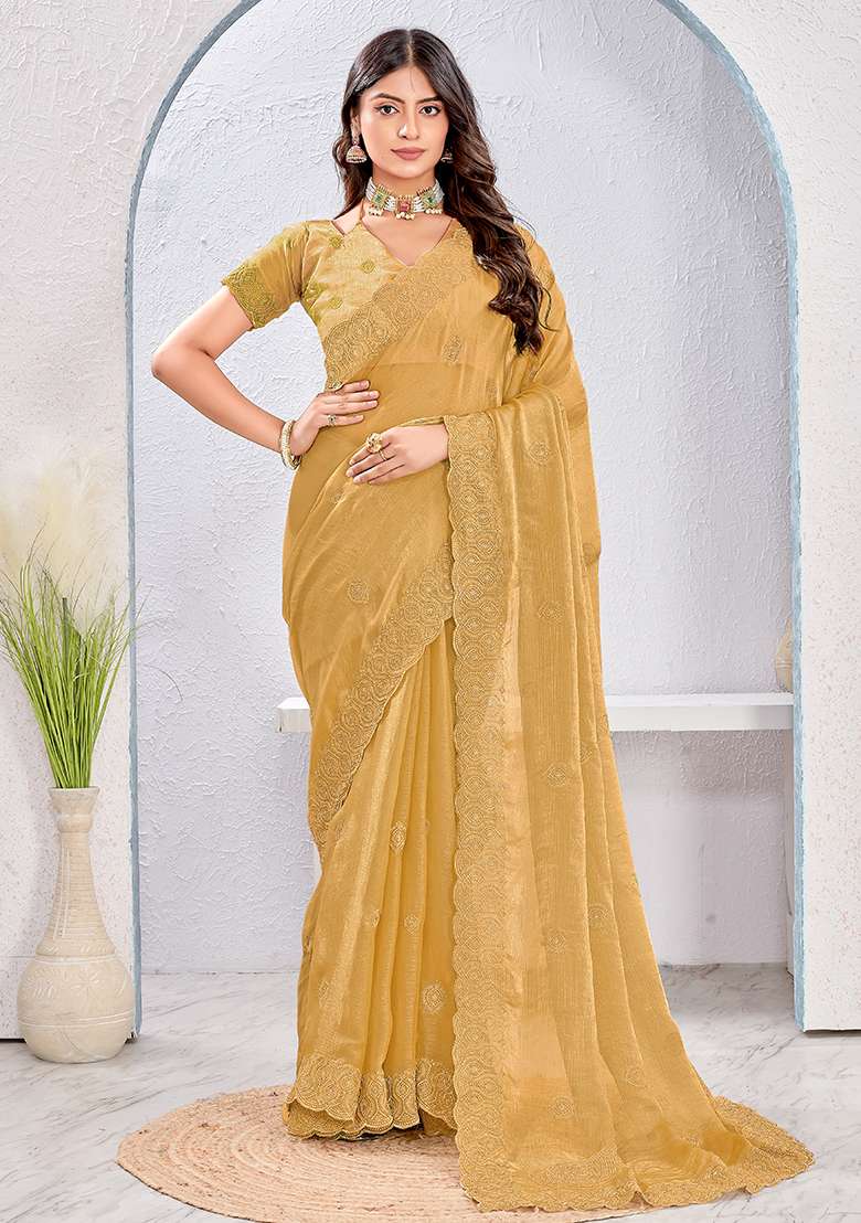Dusty Chiku Embrodery Work Silk Blend Saree Set for Diwali | Wedding & Festive Wear - Indya