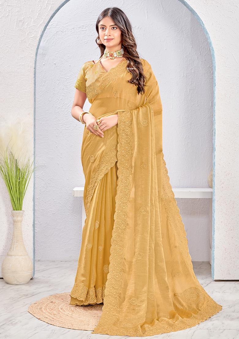 Dusty Chiku Embrodery Work Silk Saree Set - Indya