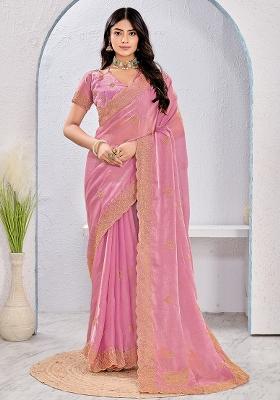 Dusty Pink Embrodery Work Silk Saree Set