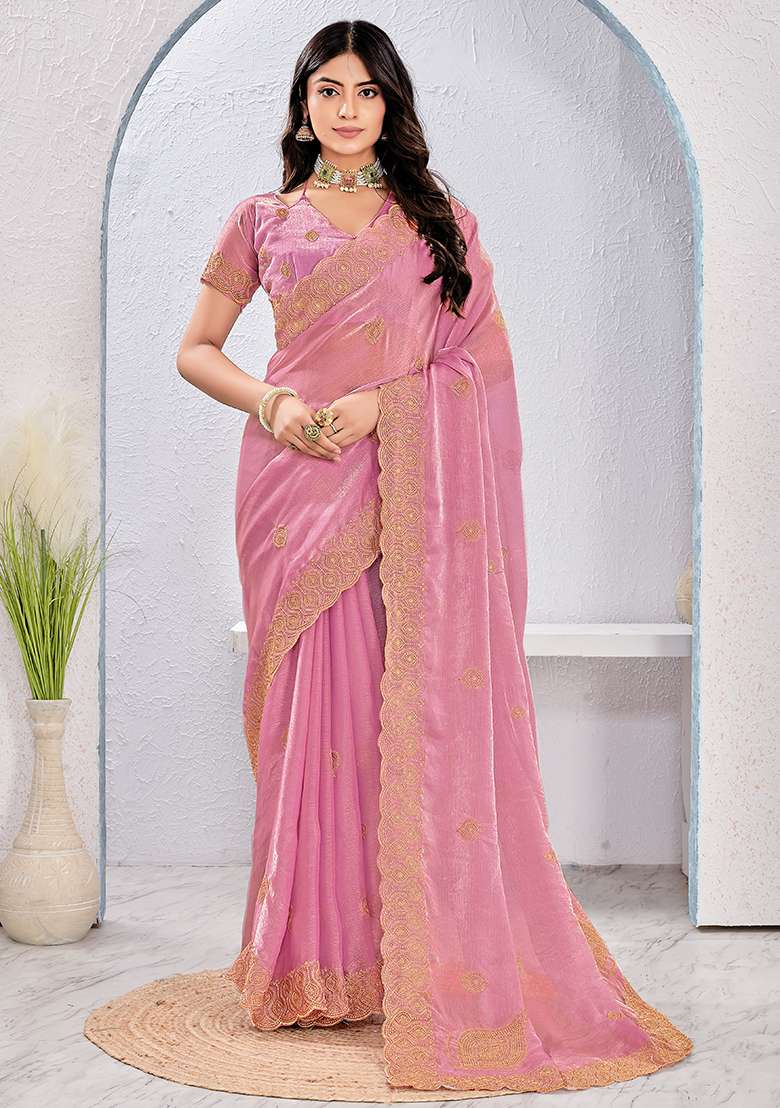 Dusty Pink Embrodery Work Silk Blend Saree Set for Diwali and Festive Wear - Indya