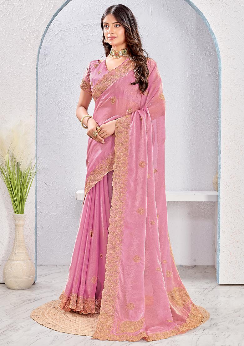 Dusty Pink Embrodery Work Silk Saree Set - Indya